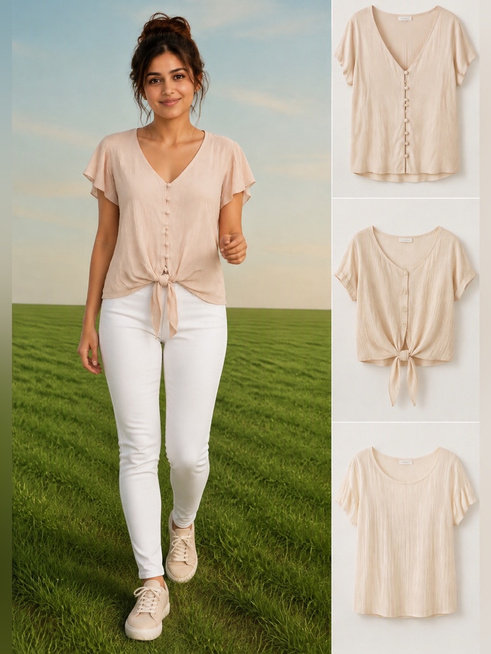 Women's Pale Pink Button-Tie V-Neck Blouse
